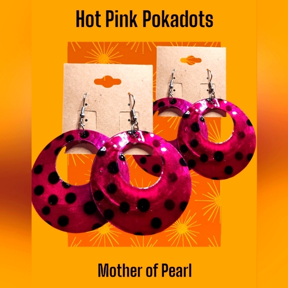 Hot Pink and Black Oriental Mother of Pearl Dangle Hook Earrings SS - Picture 1 of 2